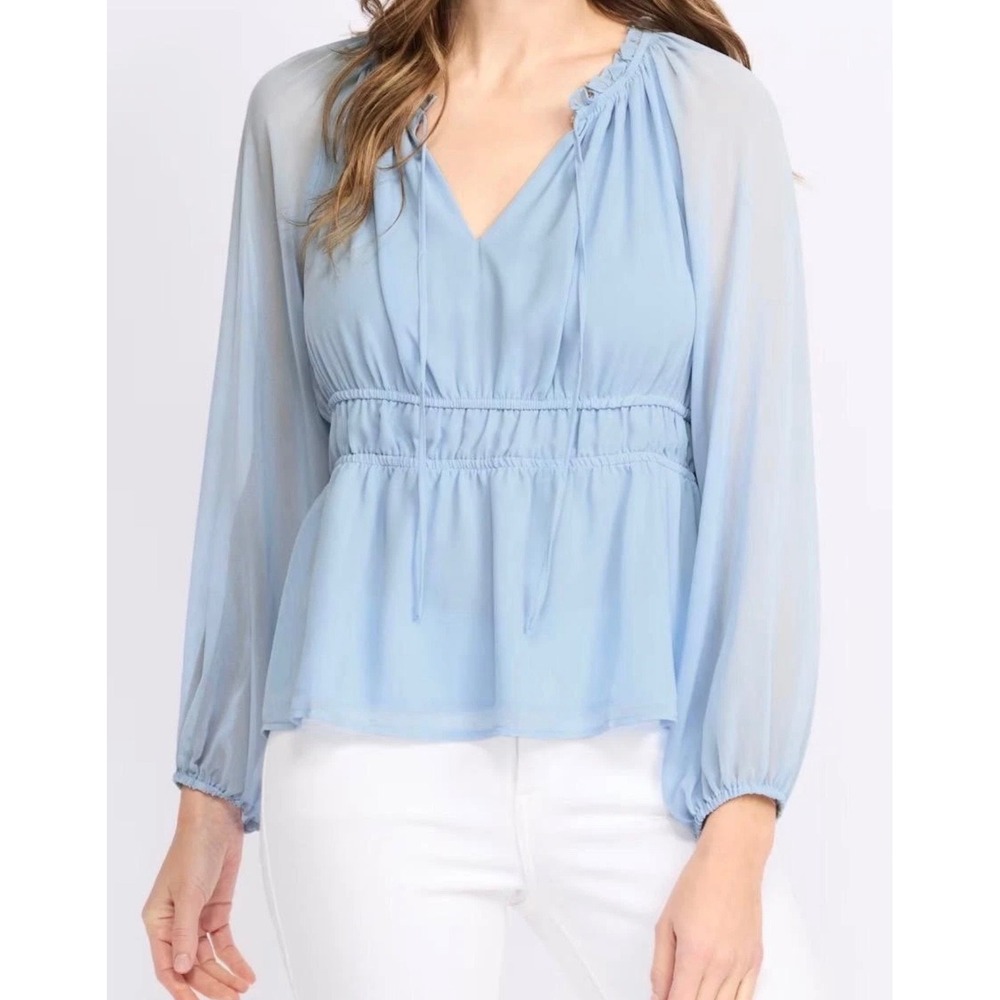 Vince Camuto Light Blue Smocked Waist Ruffle Neck Blouse